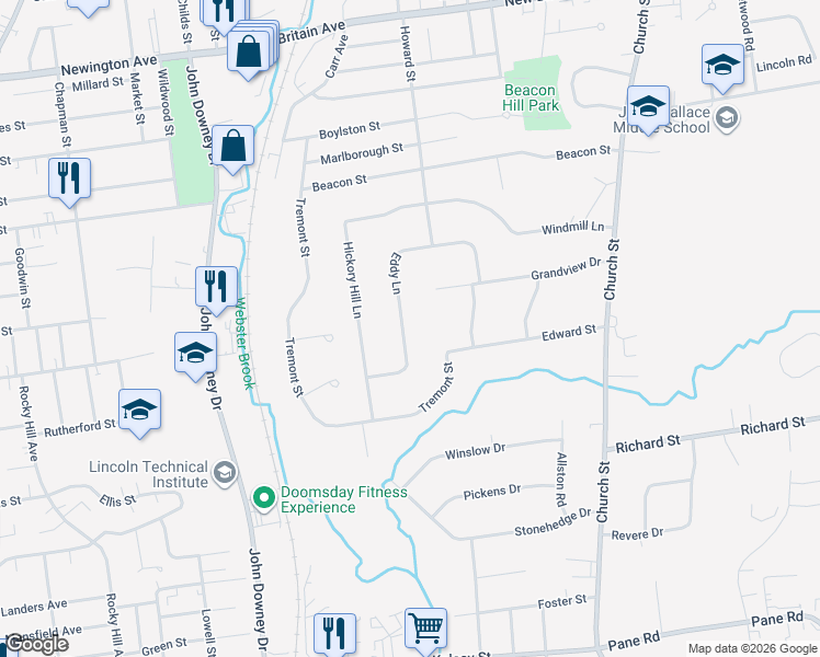 map of restaurants, bars, coffee shops, grocery stores, and more near 163 Eddy Lane in Newington