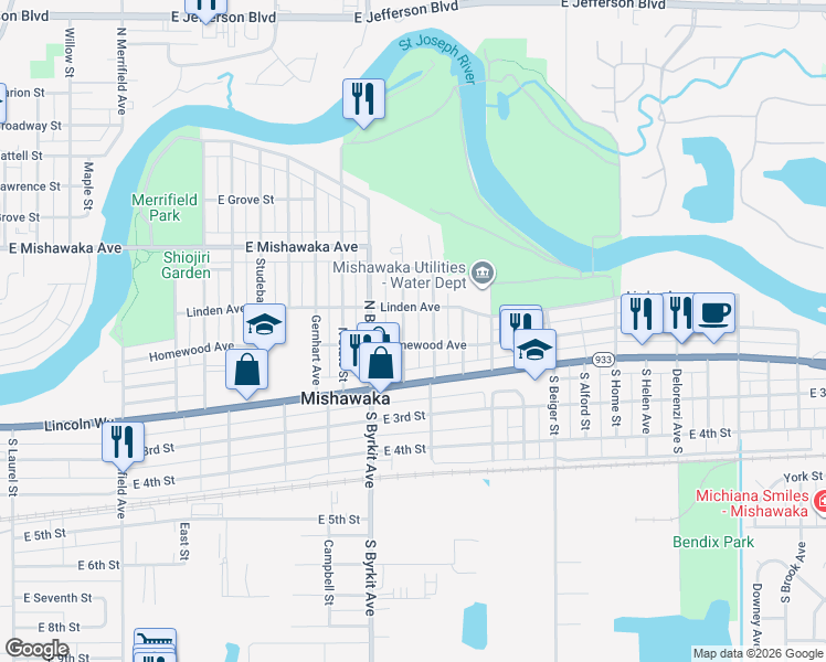 map of restaurants, bars, coffee shops, grocery stores, and more near 216 Victoria Street in Mishawaka
