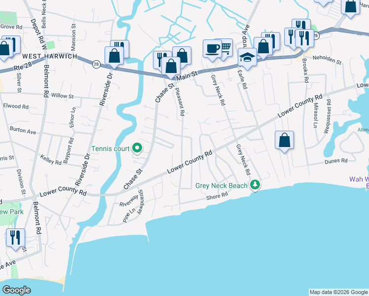 map of restaurants, bars, coffee shops, grocery stores, and more near 61 Pleasant Road in Harwich