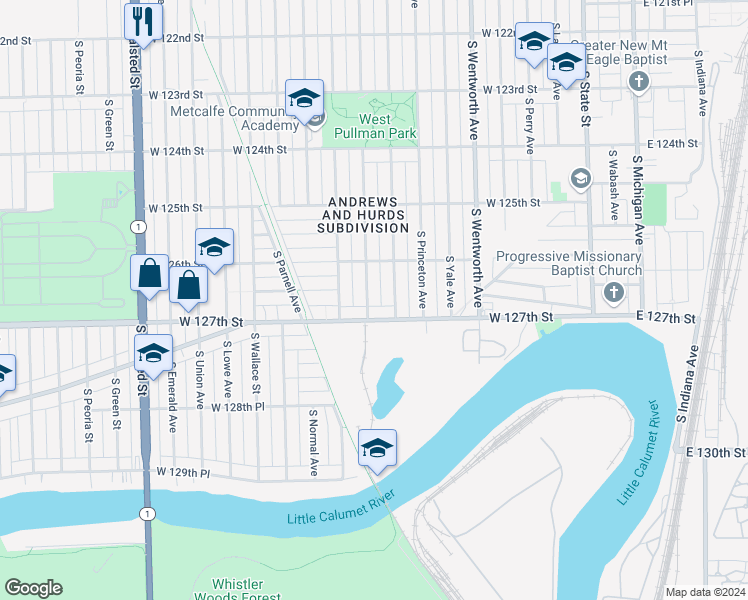 map of restaurants, bars, coffee shops, grocery stores, and more near 12643 South Stewart Avenue in Chicago