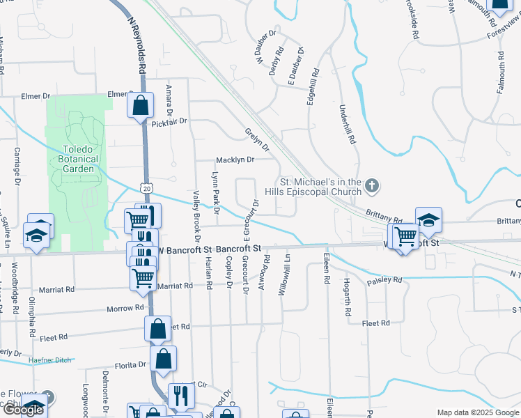 map of restaurants, bars, coffee shops, grocery stores, and more near 2302 East Grecourt Drive in Toledo