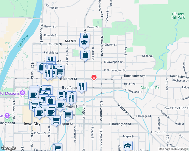 map of restaurants, bars, coffee shops, grocery stores, and more near 218 North Lucas Street in Iowa City
