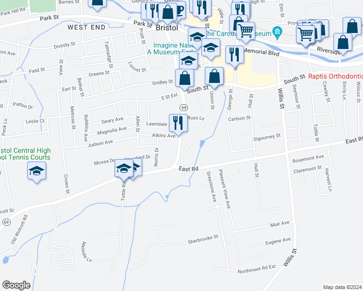 map of restaurants, bars, coffee shops, grocery stores, and more near 121 Wolcott Street in Bristol