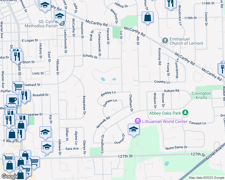 map of restaurants, bars, coffee shops, grocery stores, and more near 1111 Berkley Lane in Lemont