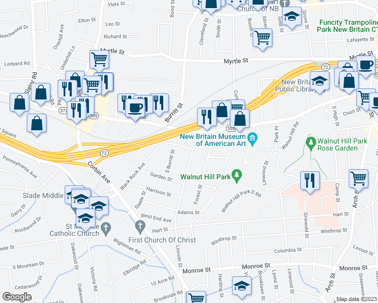 map of restaurants, bars, coffee shops, grocery stores, and more near 45 Lincoln Street in New Britain