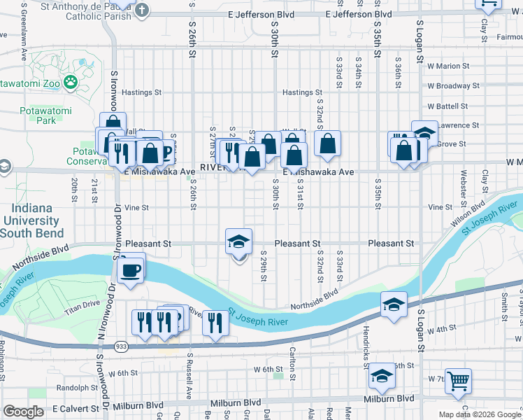 map of restaurants, bars, coffee shops, grocery stores, and more near 290 Vine Street in South Bend