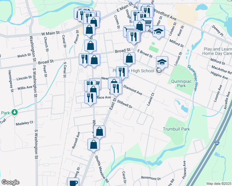 map of restaurants, bars, coffee shops, grocery stores, and more near 177 East Street in Plainville