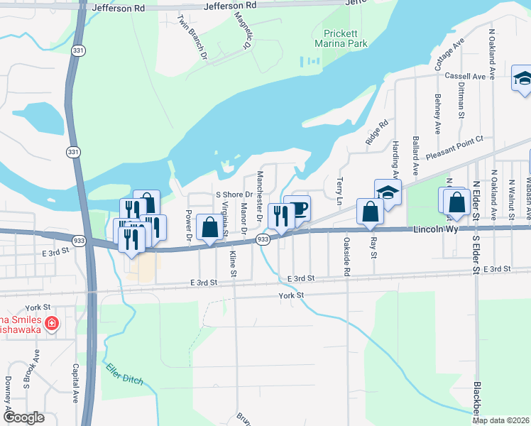 map of restaurants, bars, coffee shops, grocery stores, and more near 101-199 Hackberry Court in Mishawaka