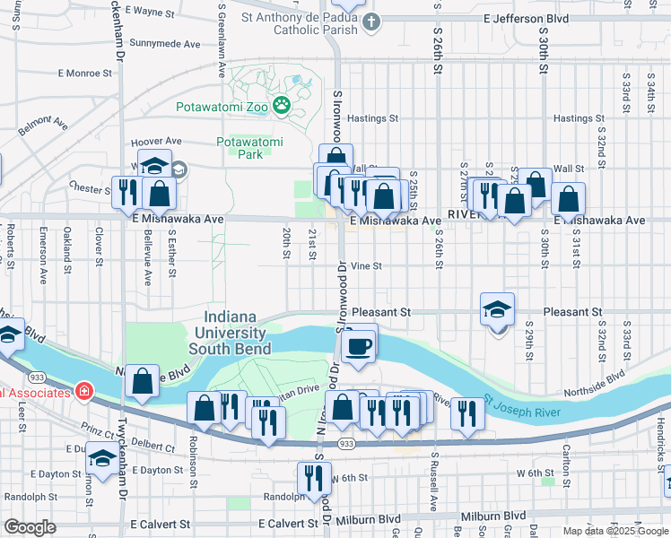 map of restaurants, bars, coffee shops, grocery stores, and more near 1001 South Ironwood Drive in South Bend