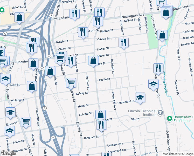 map of restaurants, bars, coffee shops, grocery stores, and more near 4 Austin St in New Britain