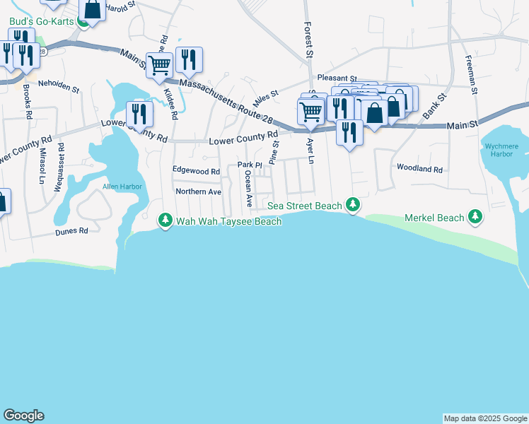 map of restaurants, bars, coffee shops, grocery stores, and more near 11 Atlantic Street in Harwich