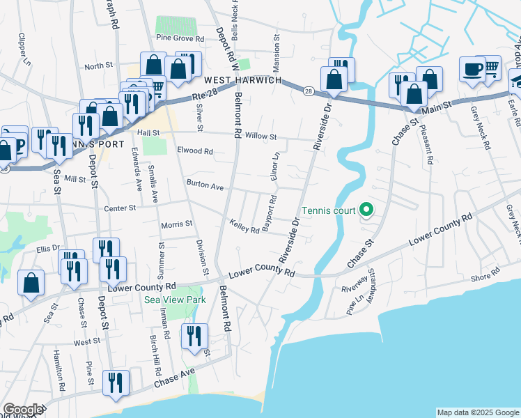 map of restaurants, bars, coffee shops, grocery stores, and more near 13 Trumet Road in Harwich