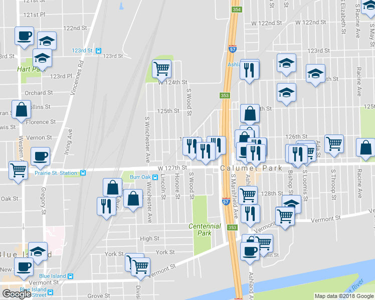 map of restaurants, bars, coffee shops, grocery stores, and more near 12616 South Wood Street in Calumet Park