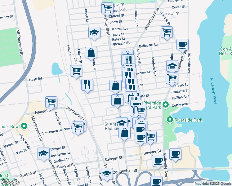 map of restaurants, bars, coffee shops, grocery stores, and more near 295 Ashley Boulevard in New Bedford