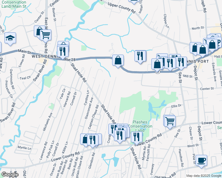 map of restaurants, bars, coffee shops, grocery stores, and more near 43 Bassett Lane in Dennis