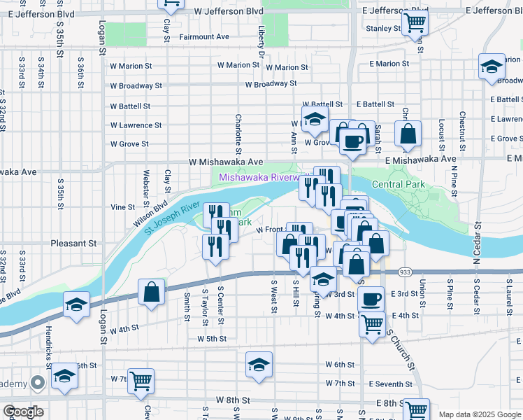 map of restaurants, bars, coffee shops, grocery stores, and more near 213 Towle Avenue in Mishawaka