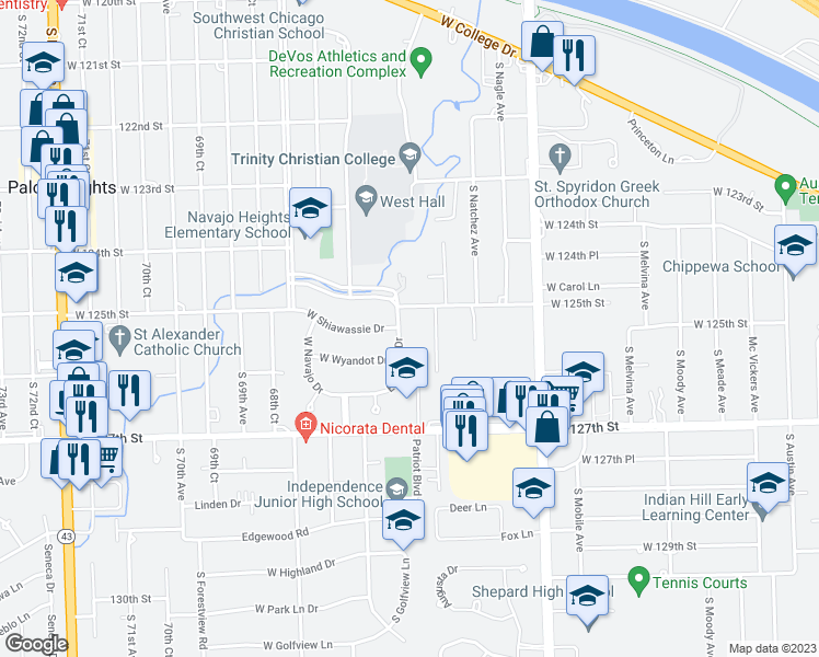 map of restaurants, bars, coffee shops, grocery stores, and more near 12519 East Navajo Drive in Palos Heights
