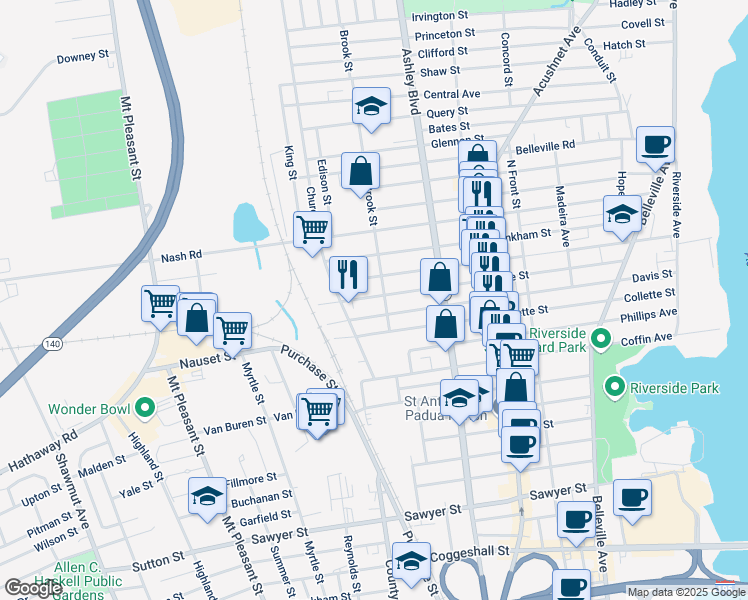 map of restaurants, bars, coffee shops, grocery stores, and more near 340 Earle Street in New Bedford