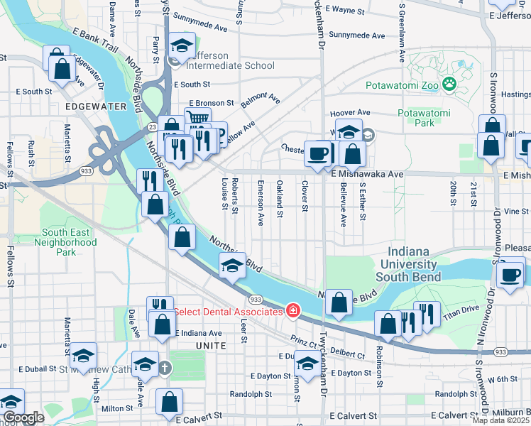 map of restaurants, bars, coffee shops, grocery stores, and more near 1010 Emerson Avenue in South Bend