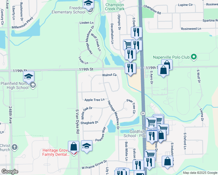 map of restaurants, bars, coffee shops, grocery stores, and more near 24028 Walnut Circle in Plainfield