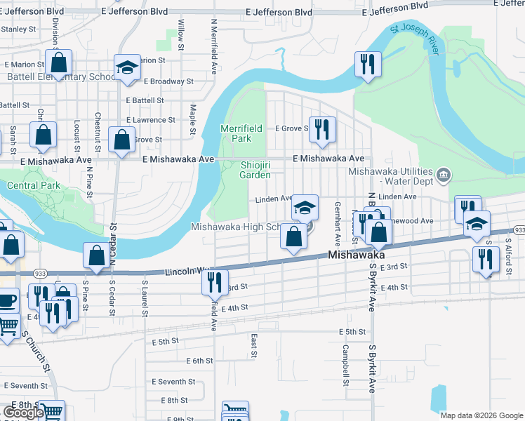 map of restaurants, bars, coffee shops, grocery stores, and more near 319 North Indiana Avenue in Mishawaka