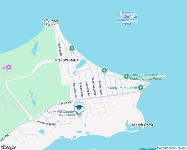 map of restaurants, bars, coffee shops, grocery stores, and more near 268 Beachwood Drive in East Greenwich