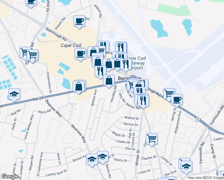 map of restaurants, bars, coffee shops, grocery stores, and more near 143 Hinckley Road in Barnstable