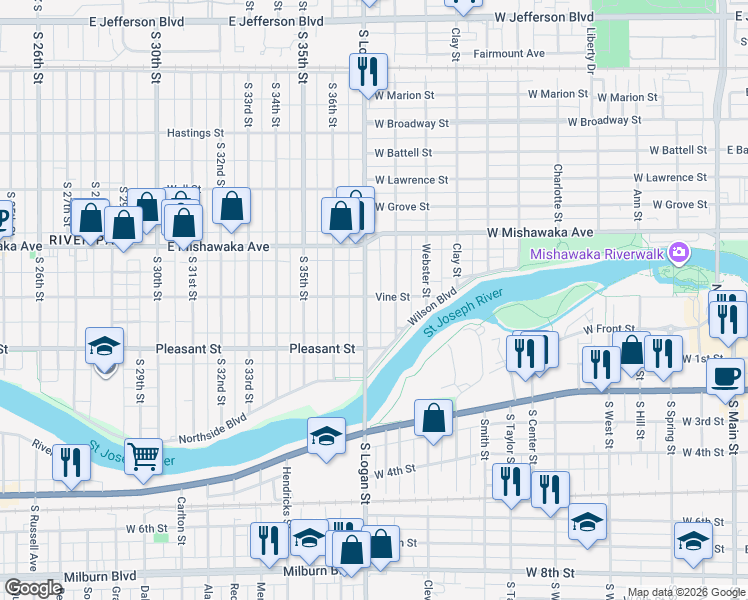 map of restaurants, bars, coffee shops, grocery stores, and more near 448 Logan Street in Mishawaka