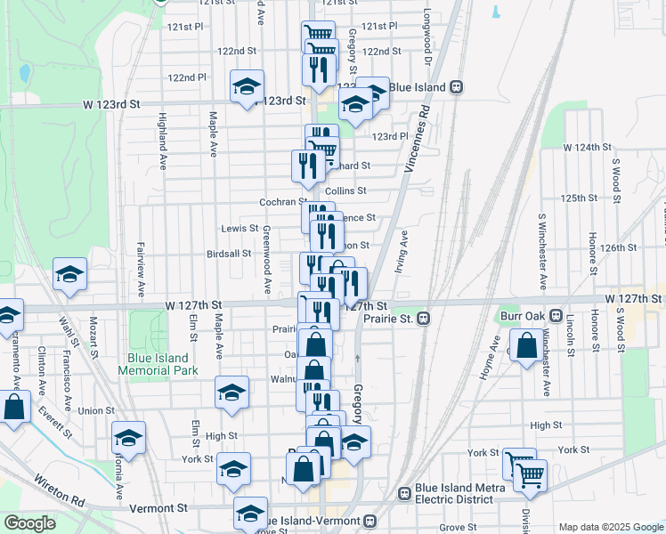 map of restaurants, bars, coffee shops, grocery stores, and more near 2346 Olive Street in Blue Island