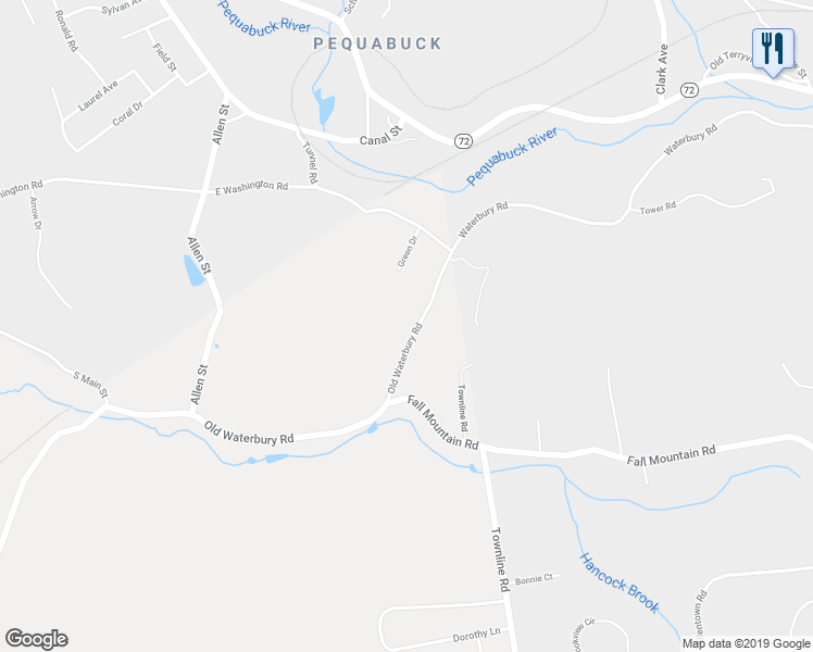 map of restaurants, bars, coffee shops, grocery stores, and more near 36 Old Waterbury Road in Plymouth