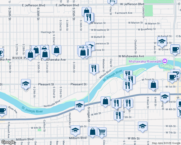 map of restaurants, bars, coffee shops, grocery stores, and more near 448 Logan Street in Mishawaka