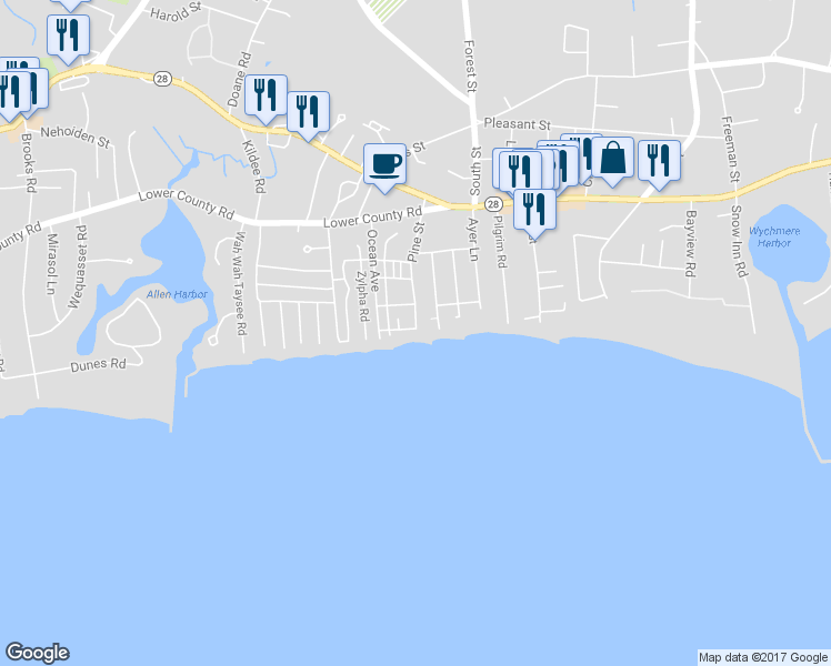 map of restaurants, bars, coffee shops, grocery stores, and more near 17 Atlantic Street in Harwich