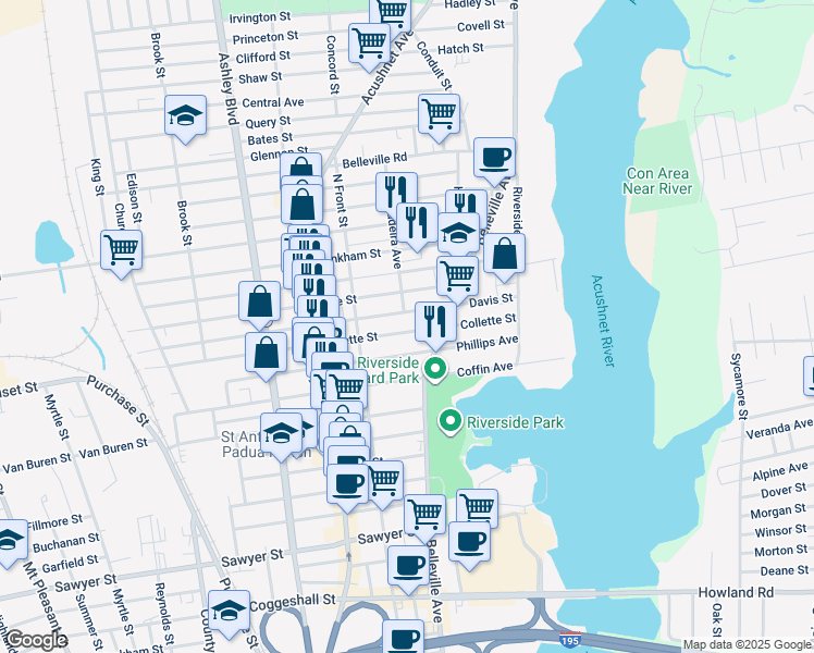 map of restaurants, bars, coffee shops, grocery stores, and more near 109 Collette Street in New Bedford
