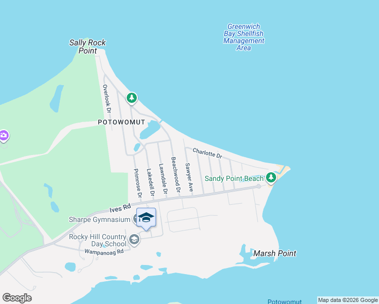 map of restaurants, bars, coffee shops, grocery stores, and more near 214 Charlotte Drive in East Greenwich