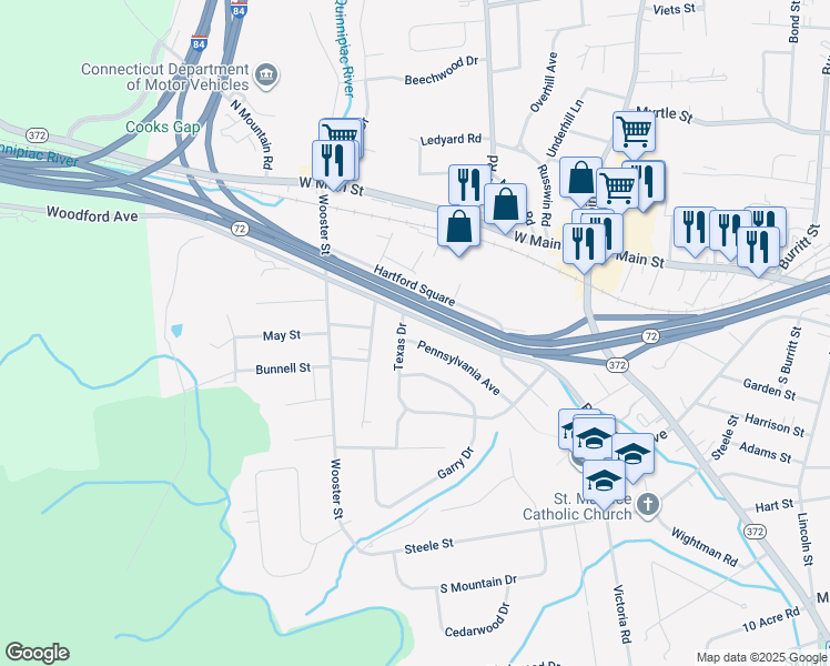 map of restaurants, bars, coffee shops, grocery stores, and more near 500 Black Rock Avenue in New Britain