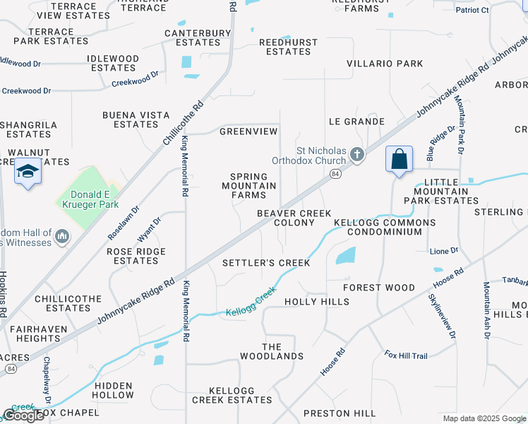 map of restaurants, bars, coffee shops, grocery stores, and more near 9487 Johnnycake Ridge Road in Mentor