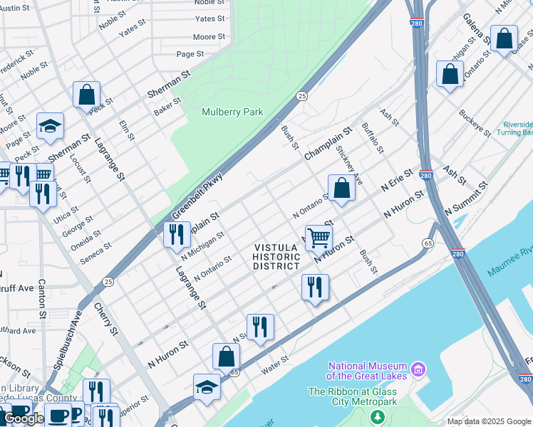 map of restaurants, bars, coffee shops, grocery stores, and more near 1318 North Michigan Street in Toledo