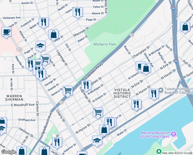 map of restaurants, bars, coffee shops, grocery stores, and more near 1201 Champlain Street in Toledo