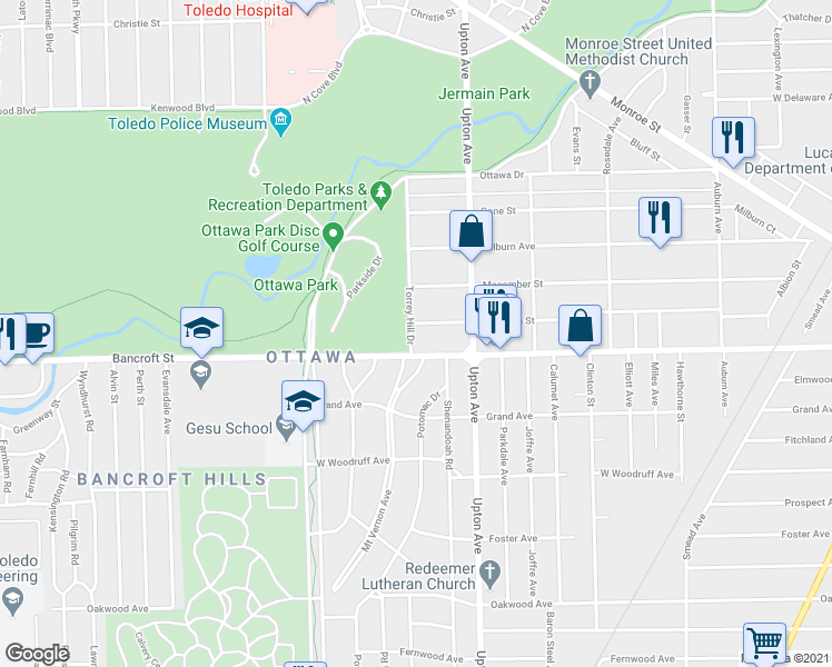 map of restaurants, bars, coffee shops, grocery stores, and more near 1947 Freeman Street in Toledo