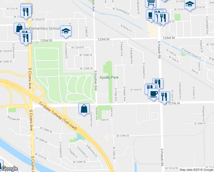 map of restaurants, bars, coffee shops, grocery stores, and more near 4309 West Park Lane Drive in Alsip