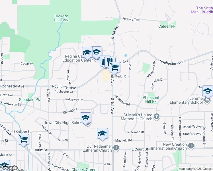 map of restaurants, bars, coffee shops, grocery stores, and more near 201 North 1st Avenue in Iowa City