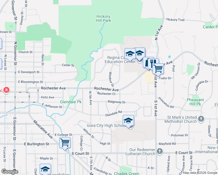 map of restaurants, bars, coffee shops, grocery stores, and more near 1816 Rochester Ave in Iowa City