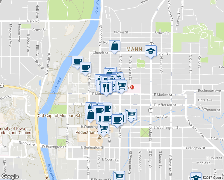 map of restaurants, bars, coffee shops, grocery stores, and more near 210 North Linn Street in Iowa City