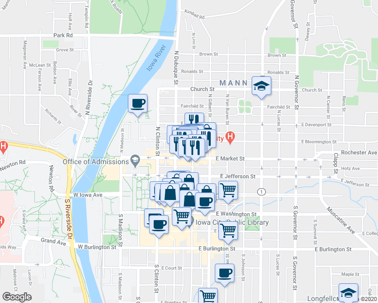 map of restaurants, bars, coffee shops, grocery stores, and more near 210 North Linn Street in Iowa City