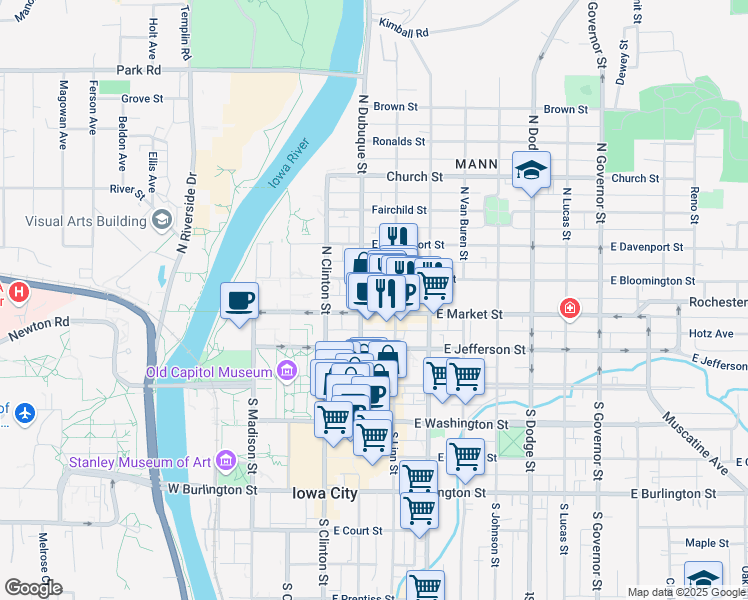 map of restaurants, bars, coffee shops, grocery stores, and more near 204 North Dubuque Street in Iowa City