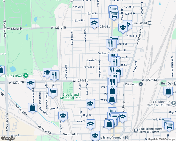 map of restaurants, bars, coffee shops, grocery stores, and more near 12615 Maple Avenue in Blue Island