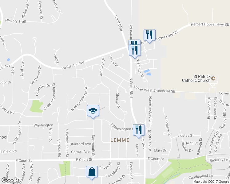 map of restaurants, bars, coffee shops, grocery stores, and more near 209 Oberlin Street in Iowa City