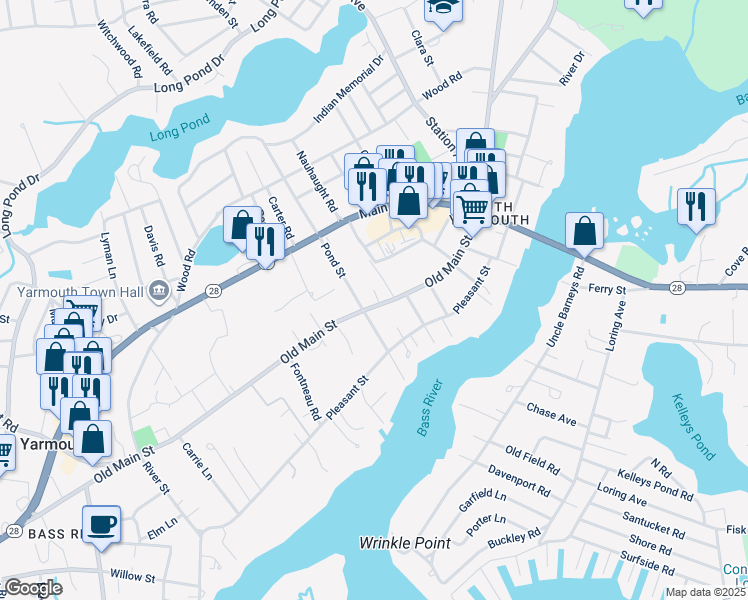 map of restaurants, bars, coffee shops, grocery stores, and more near 246 Old Main Street in Yarmouth