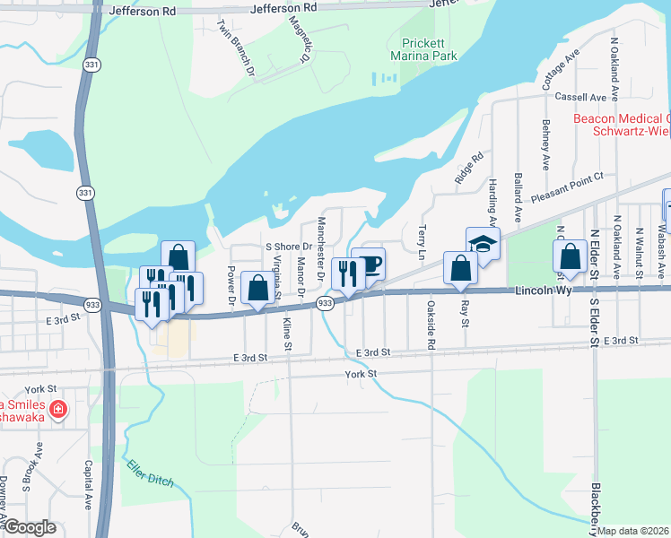 map of restaurants, bars, coffee shops, grocery stores, and more near 101 Hackberry Court in Mishawaka