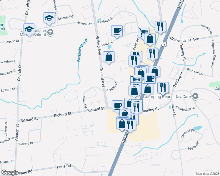 map of restaurants, bars, coffee shops, grocery stores, and more near 73 Pebble Drive in Newington